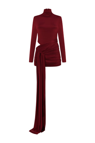 Khela Burgundy high neckline long sleeves with side cutout details draped mini dress