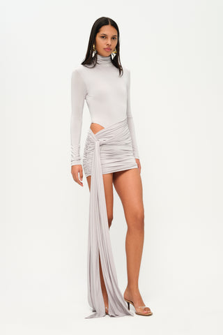 Khela Light gray high neckline long sleeves with side cutout details draped mini dress