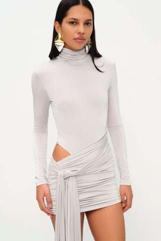 Khela Light gray high neckline long sleeves with side cutout details draped mini dress