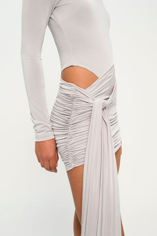 Khela Light gray high neckline long sleeves with side cutout details draped mini dress