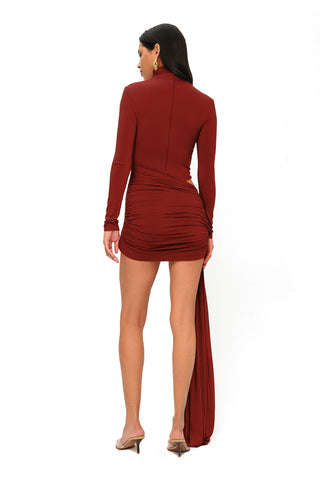 Khela Burgundy high neckline long sleeves with side cutout details draped mini dress