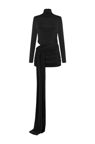 Khela black high neckline long sleeves with side cutout details draped mini dress