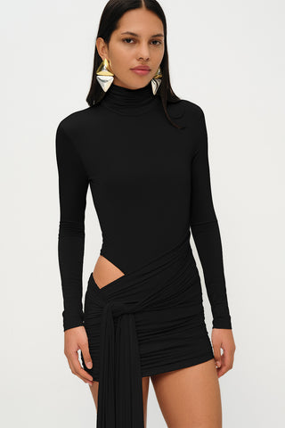 Khela black high neckline long sleeves with side cutout details draped mini dress