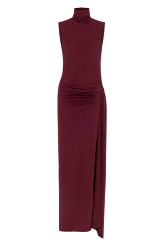 Khela Burgundy high neckline with sleeveless cut draped detailed maxi dress
