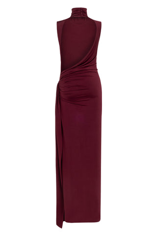 Khela Burgundy high neckline with sleeveless cut draped detailed maxi dress

