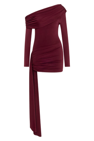 Khela Burgundy one-shoulder neck long sleeve on one side draped sash detailed mini dress
