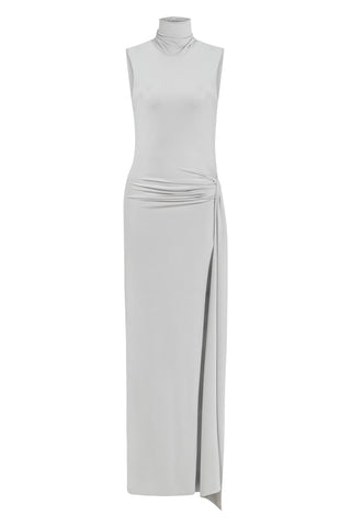 Khela Light gray high neckline with sleeveless cut draped detailed maxi dress
