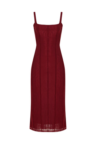 Khela Burgundy square neck mesh outer fabric with soft jersey lining midi dress