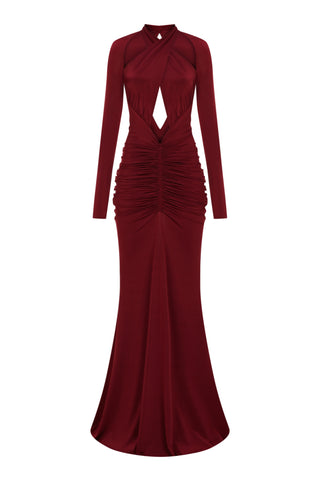 Khela Burgundy crossover halter neckline with shoulder cutouts maxi dress