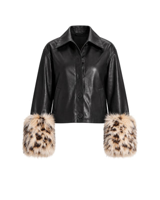 Khela Heartless Jacket faux leather women's jacket with oversized leopard-print faux fur cuffs
