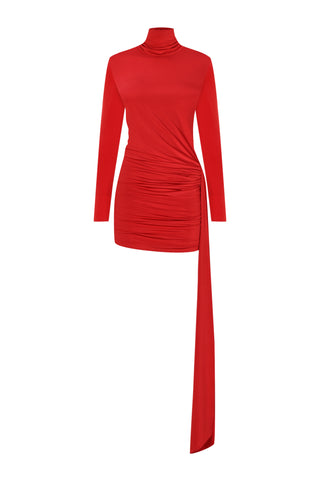 Khela Red high neck long sleeves draped waist mini dress