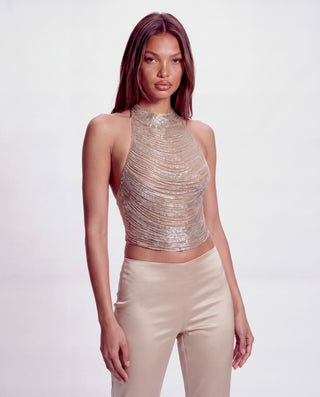 Khela High Maintenance Top women's halter top with crystal bead embellishments, layered design and open back