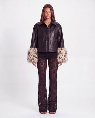 Khela Heartless Jacket faux leather women's jacket with oversized leopard-print faux fur cuffs