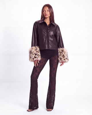Khela Heartless Jacket faux leather women's jacket with oversized leopard-print faux fur cuffs