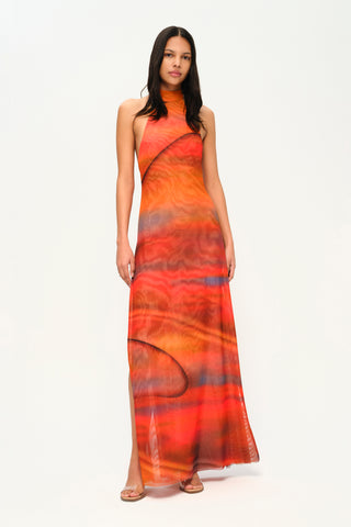 Khela flower print halter neck tulle dress with deep slit