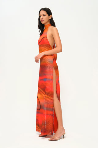 Khela flower print halter neck tulle dress with deep slit