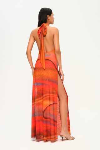 Khela flower print halter neck tulle dress with deep slit