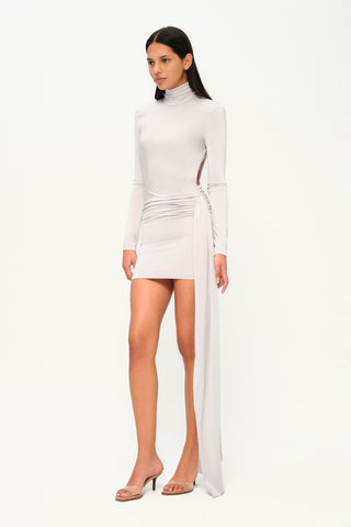  Khela Light gray high neck long sleeves draped waist mini dress