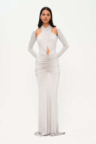 Khela Light gray crossover halter neckline with shoulder cutouts maxi dress