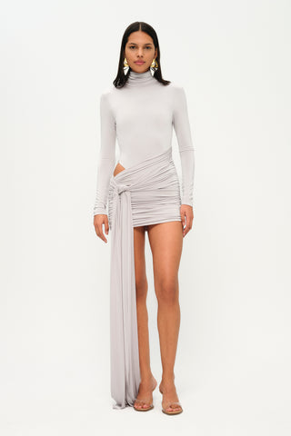 Khela Light gray high neckline long sleeves with side cutout details draped mini dress