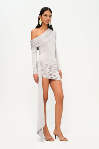 Khela Light gray one-shoulder neck long sleeve on one side draped sash detailed mini dress
