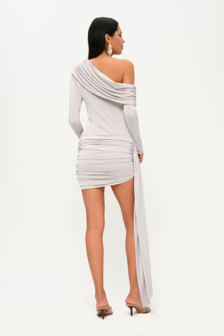 v Light gray one-shoulder neck long sleeve on one side draped sash detailed mini dress
