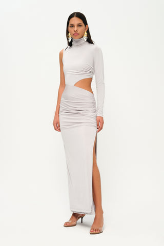 Khela Light gray one-sleeve high neck cutout design maxi dress