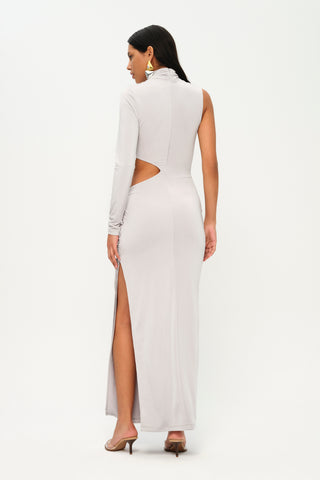 Khela Light gray one-sleeve high neck cutout design maxi dress