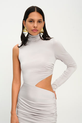 Khela Light gray one-sleeve high neck cutout design maxi dress