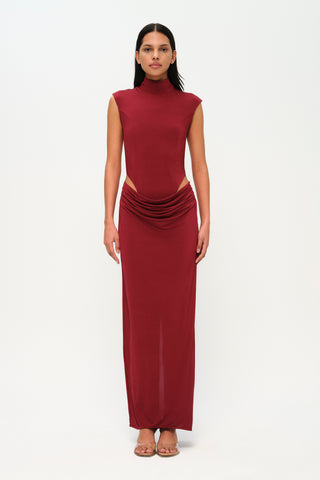 Khela Burgundy high neck draped midi dress