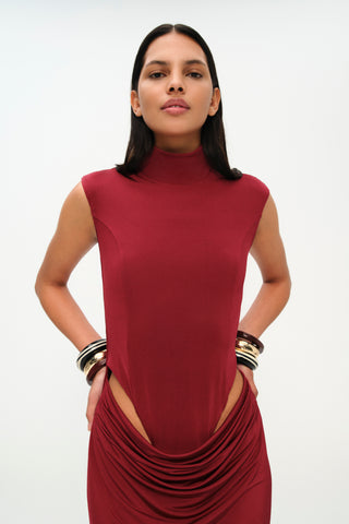 Khela Burgundy high neck draped midi dress