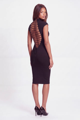 Khela Miss Behave Dress fitted midi dress with adjustable front hook-and-eye closures, short sleeves and a deep open back