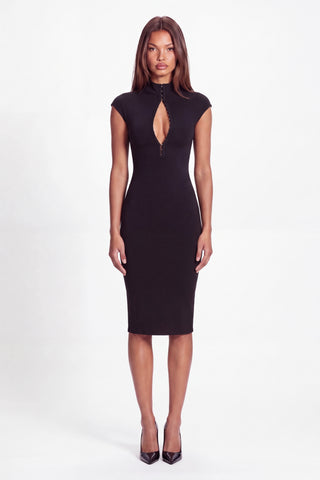 Khela Miss Behave Dress fitted midi dress with adjustable front hook-and-eye closures, short sleeves and a deep open back