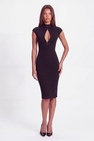 Khela Miss Behave Dress fitted midi dress with adjustable front hook-and-eye closures, short sleeves and a deep open back