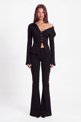 Khela Love Bites Top women's asymmetric top with a wide draped neckline, button details and long flared sleeves