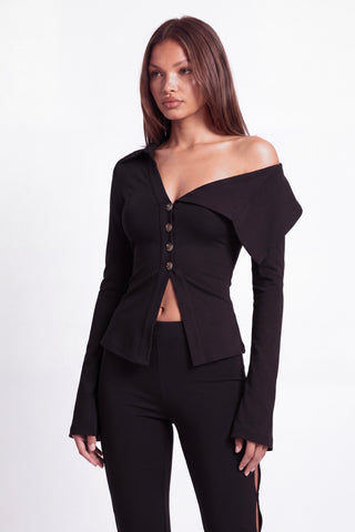 Khela Love Bites Top women's asymmetric top with a wide draped neckline, button details and long flared sleeves