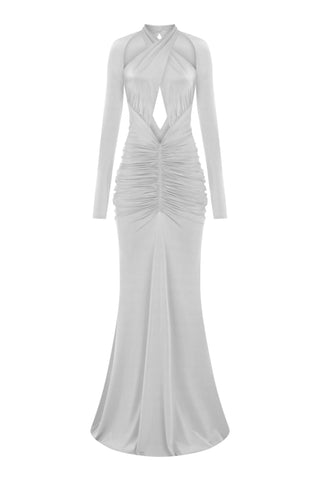 Khela Light gray crossover halter neckline with shoulder cutouts maxi dress