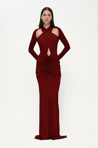 Khela Burgundy crossover halter neckline with shoulder cutouts maxi dress