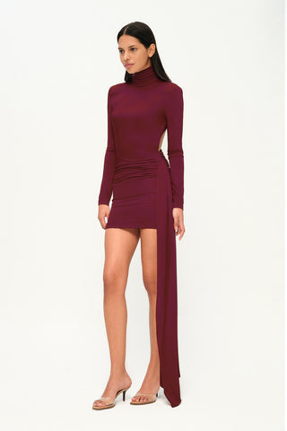 Khela Burgundy high neck long sleeves draped waist mini dress