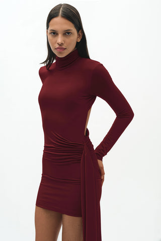 Khela Burgundy high neck long sleeves draped waist mini dress