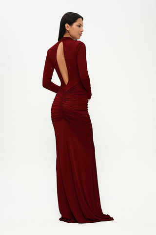 Khela Burgundy crossover halter neckline with shoulder cutouts maxi dress
