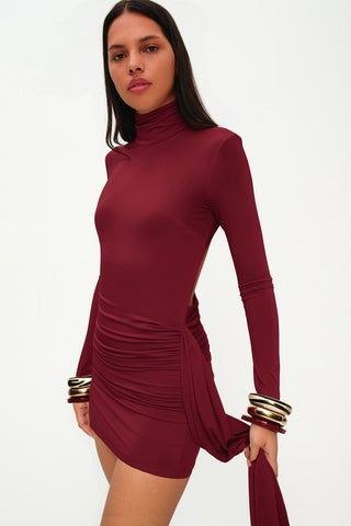 Khela Burgundy high neck long sleeves draped waist mini dress