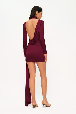 Khela Burgundy high neck long sleeves draped waist mini dress