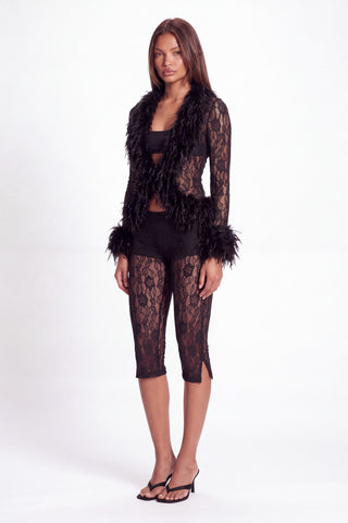 Khela Primadonna Cardigan women's sheer lace cardigan with faux fur trim and long sleeves