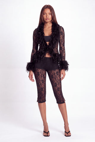 Khela Primadonna Cardigan women's sheer lace cardigan with faux fur trim and long sleeves