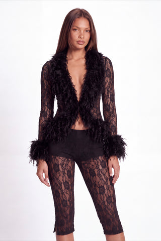 Khela Primadonna Cardigan women's sheer lace cardigan with faux fur trim and long sleeves