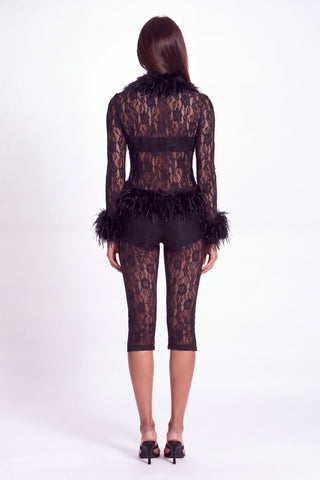 Khela Primadonna Cardigan women's sheer lace cardigan with faux fur trim and long sleeves