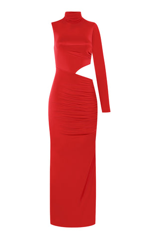 Khela Red one-sleeve high neck cutout design maxi dress