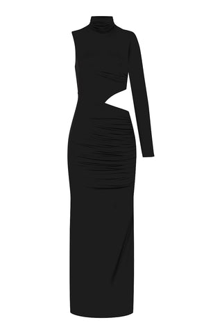 Khela Black one-sleeve high neck cutout design maxi dress