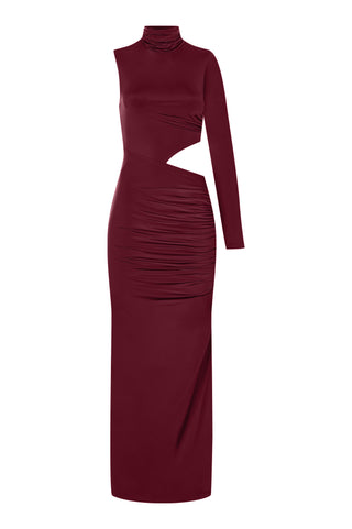Khela Burgundy one-sleeve high neck cutout design maxi dress